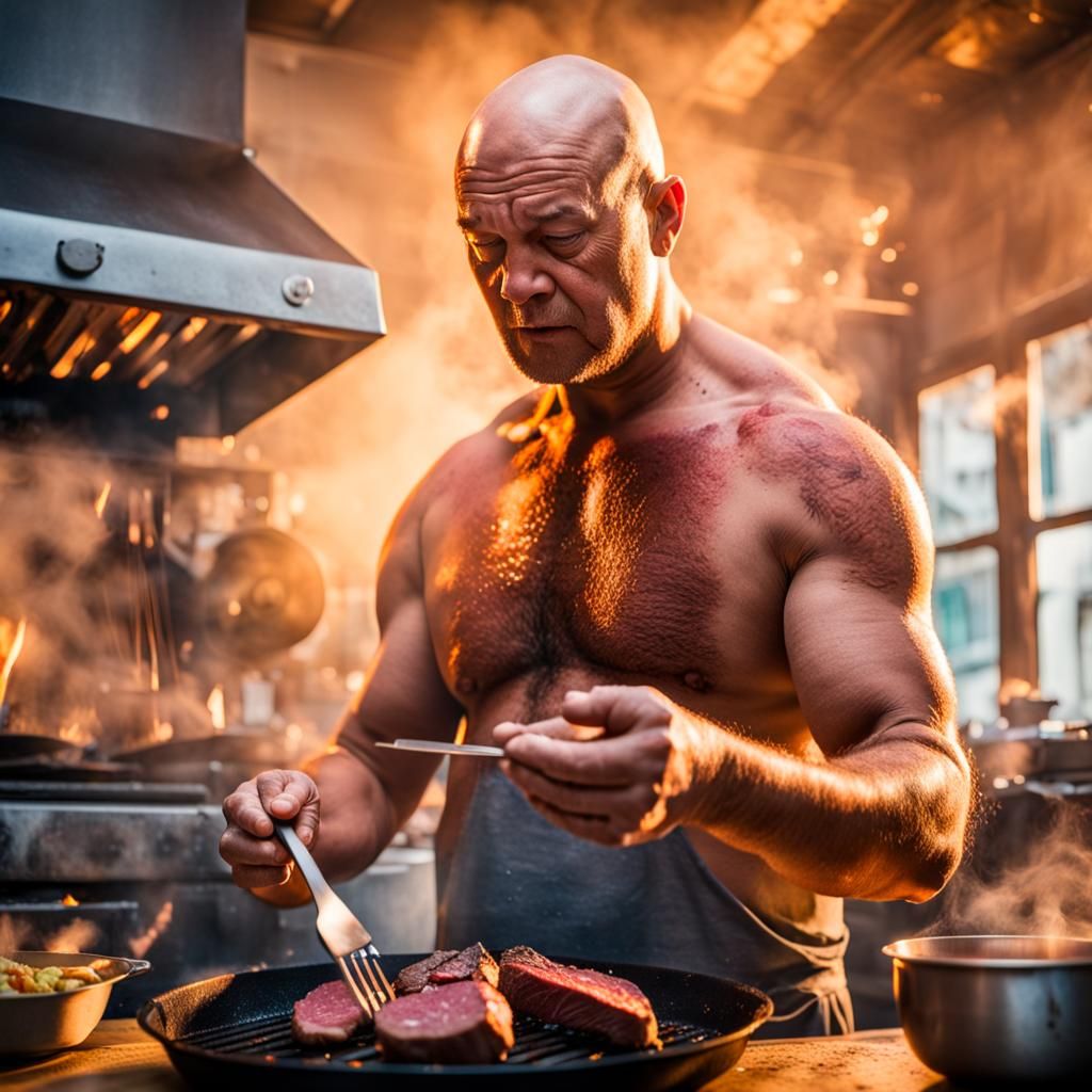 Photograph of Overweight Bald Man Cooking Steak
