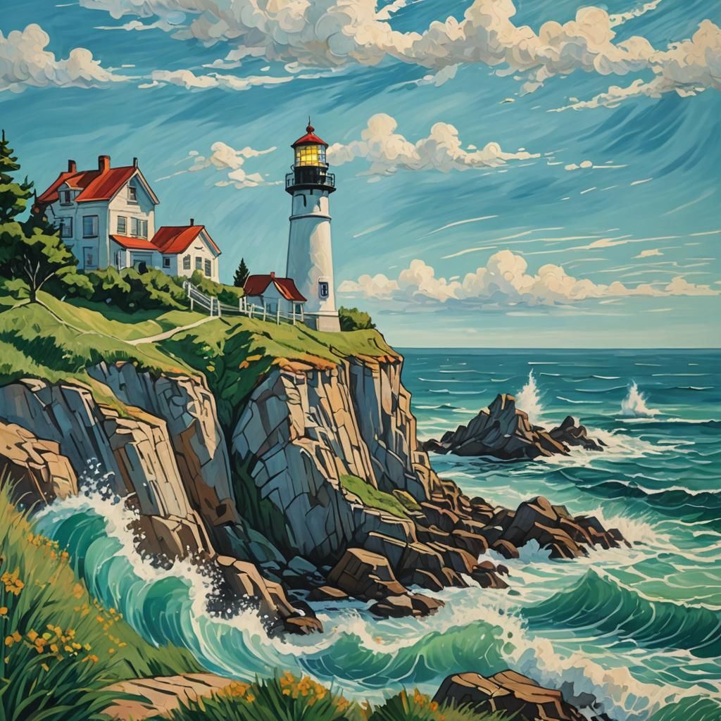 Coastal Lighthouse Painting in Van Gogh Style