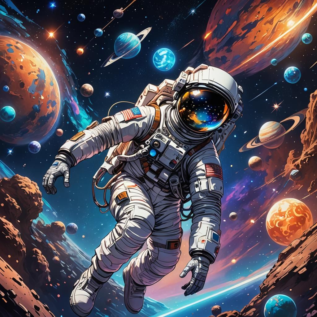 Astronaut in Space: Vibrant Anime-Style Cosmic Landscape