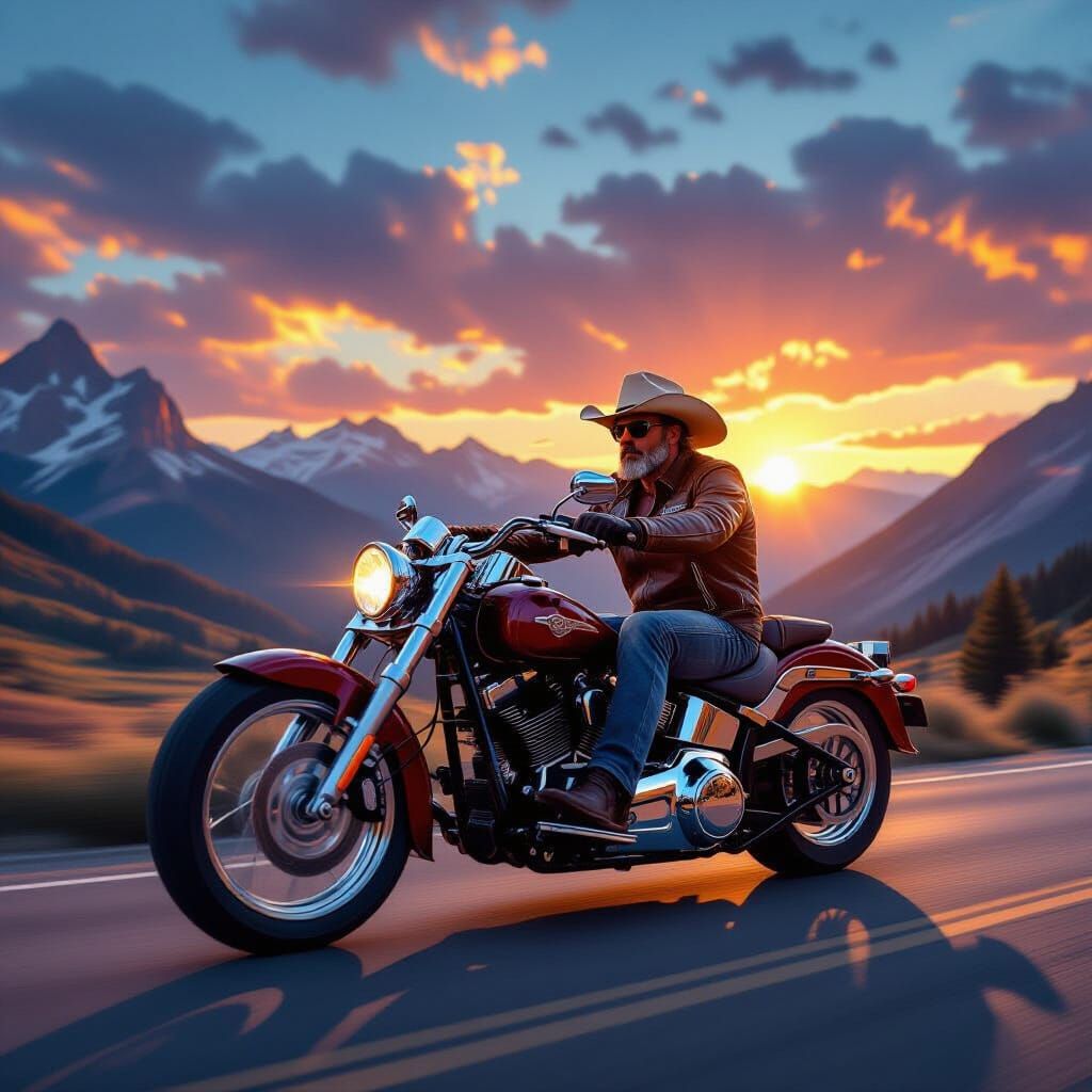 Biker Rides Chrome Motorcycle at Golden Hour