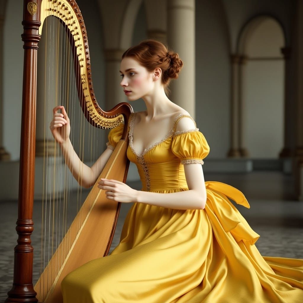 Regency Era Woman Playing Harp in Silk Gown