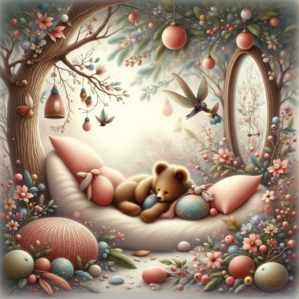 Sleepy Bear Snuggles in Dreamy Treehouse Bed