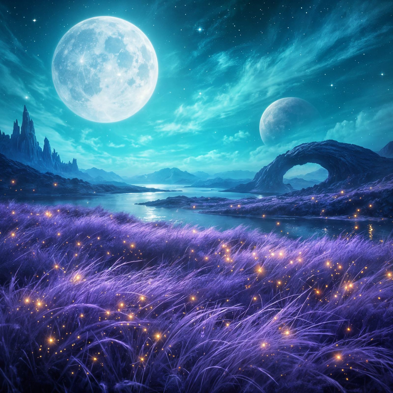 Serene Alien Landscape at Dusk with Gold Flecks