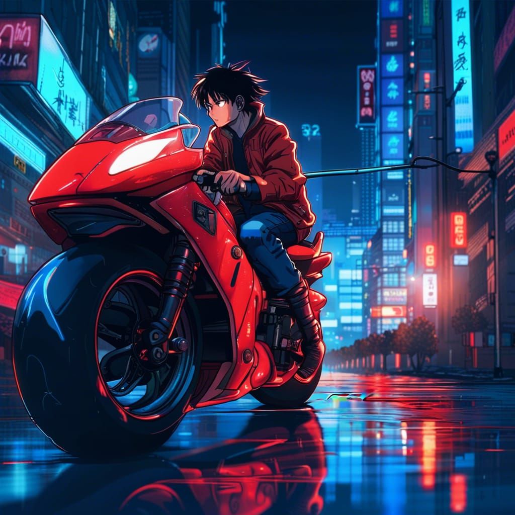 Anime Motorcycle in a Neon Cityscape