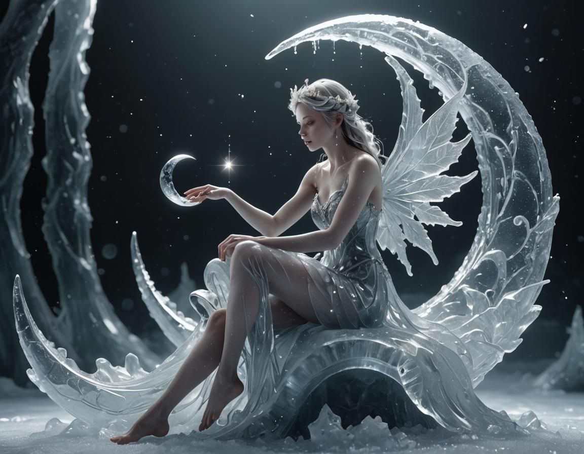 Ice Fairy on Crescent Moon, Digital Art