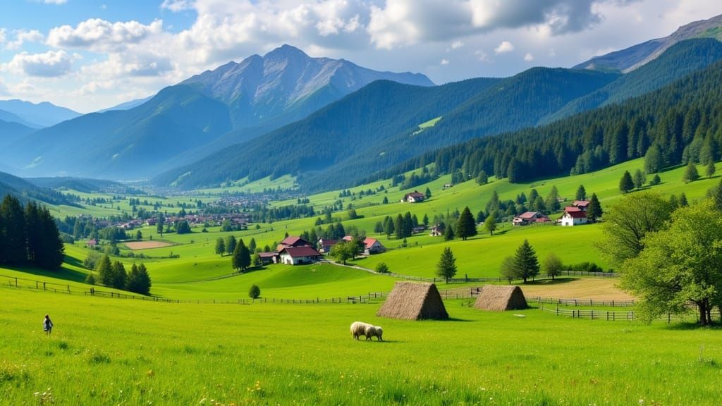 Carpathian Mountain Landscape With Shepherd and Village