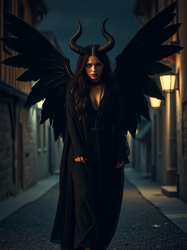 Dramatic Portrait of Winged Woman in Medieval Street