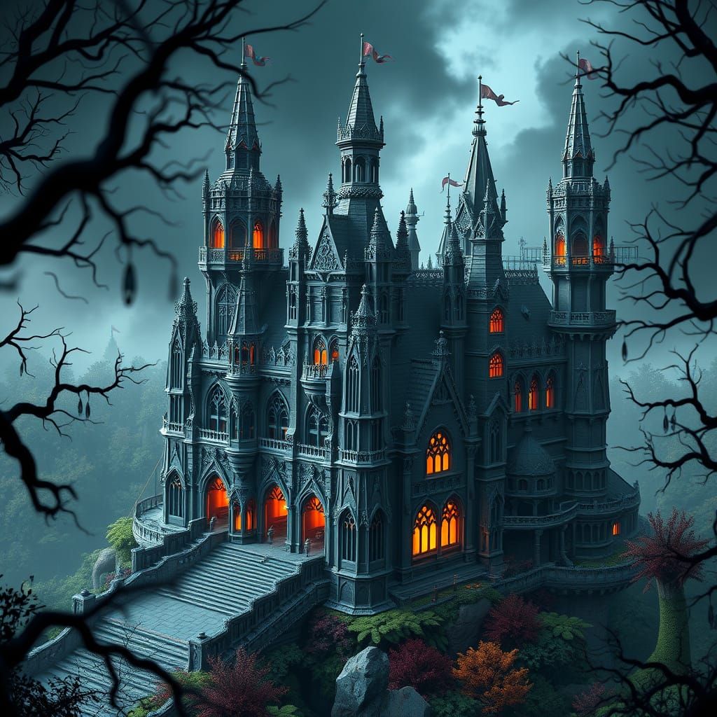 Gothic Castle Amidst Dark Mystical Forest in Cyberpunk Style