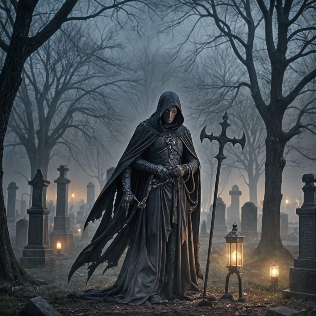 Grim Reaper in Foggy Cemetery with Scythe