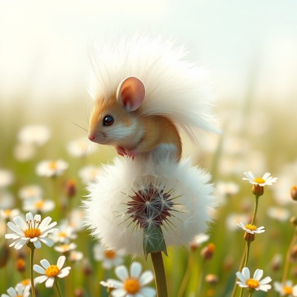 Mouse with Pompadour on Dandelion Seed Head