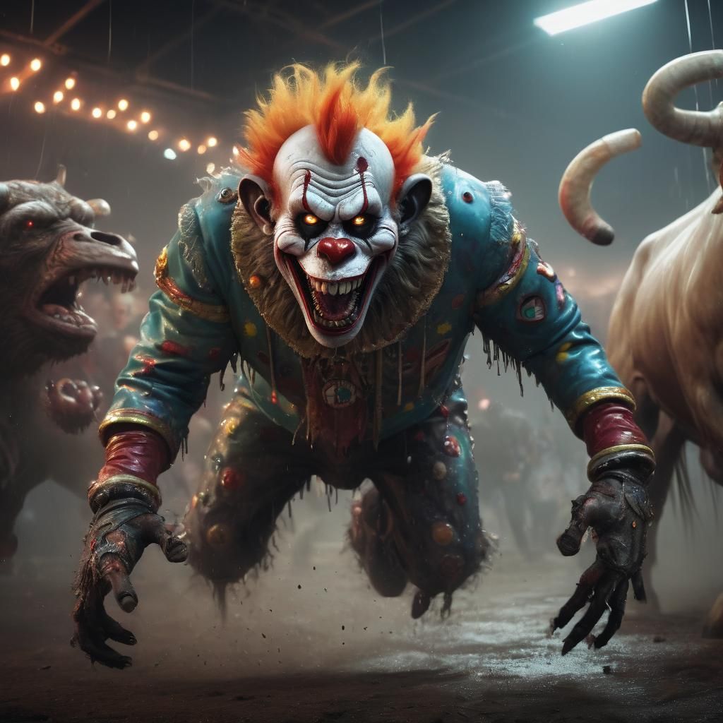 Zombie Rodeo Clown Trampled: Hyperrealistic Digital Art