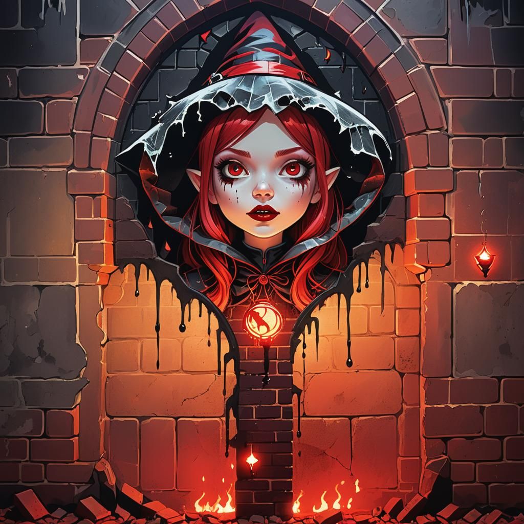 Wicked Brick Archway with Red-Outlined Witches in 2.5D