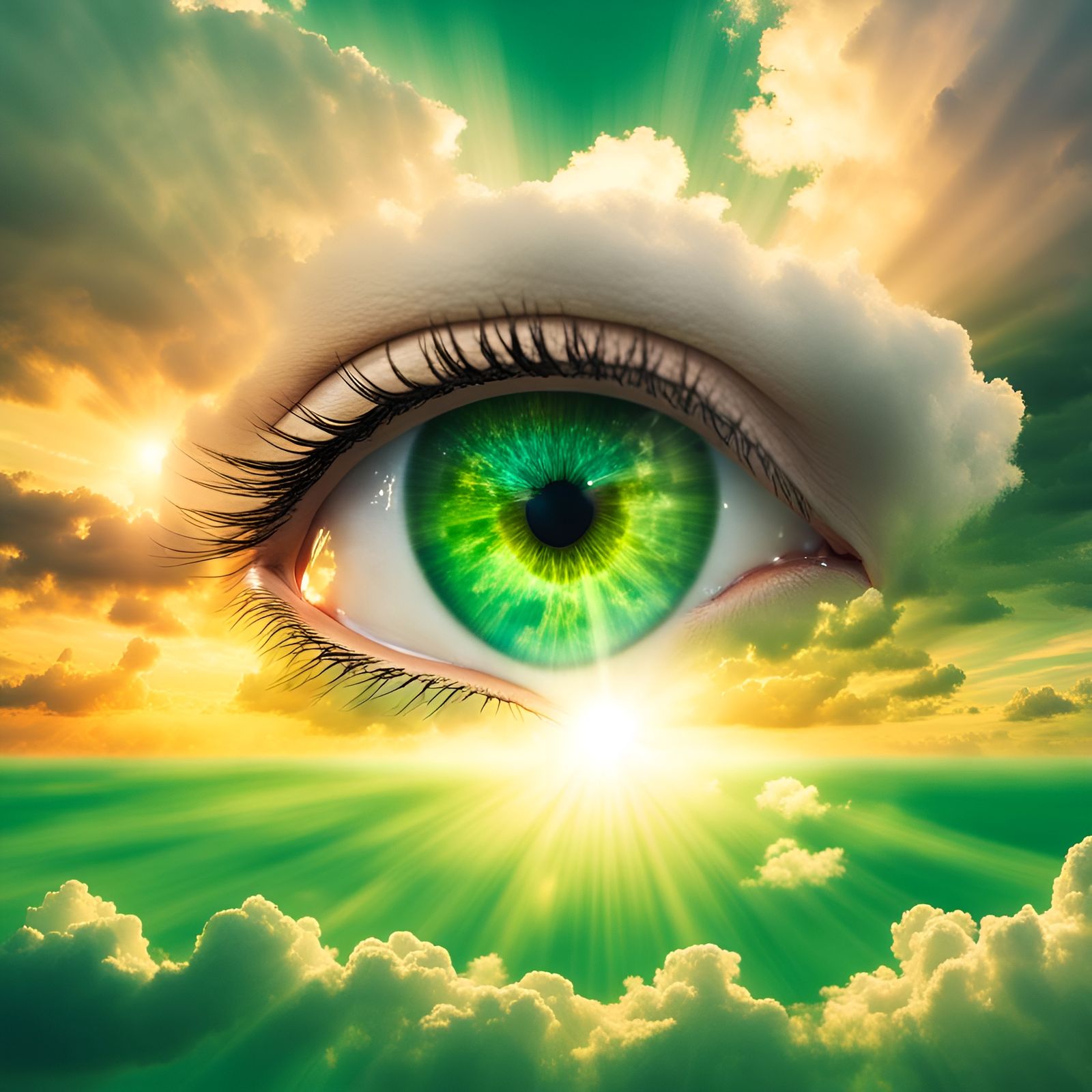 Mythological Eye Floating in Sunset Sky