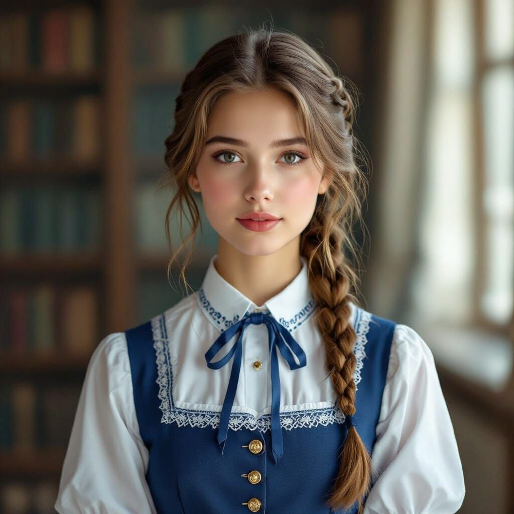 Russian College Girl in Academic Setting, Classic Painting S...