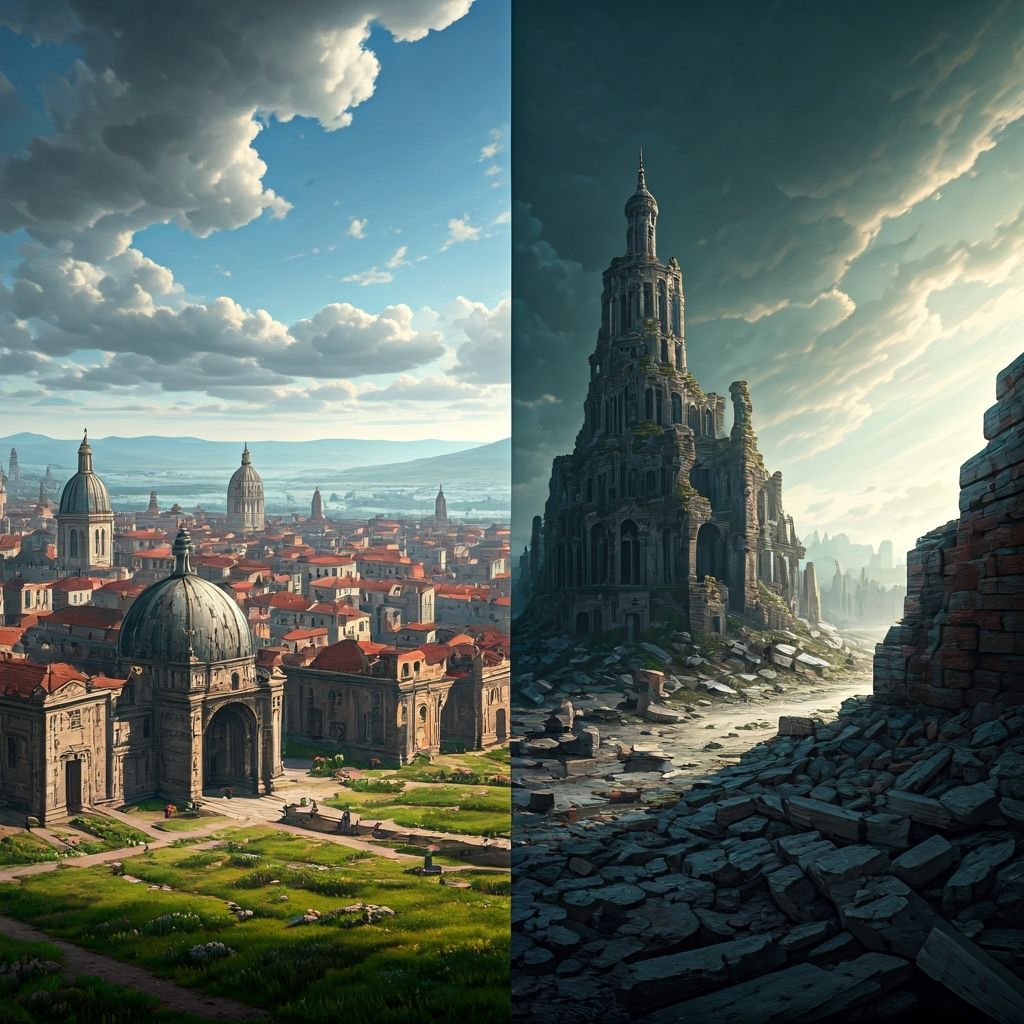Cityscape Divided: Thriving vs. Ruined Metropolis