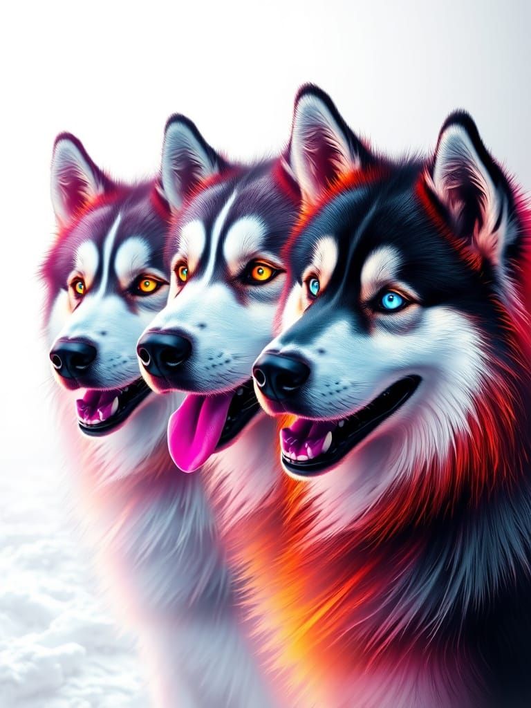 Hyperrealistic Malamutes with Neon Eyes on Snowy Backdrop