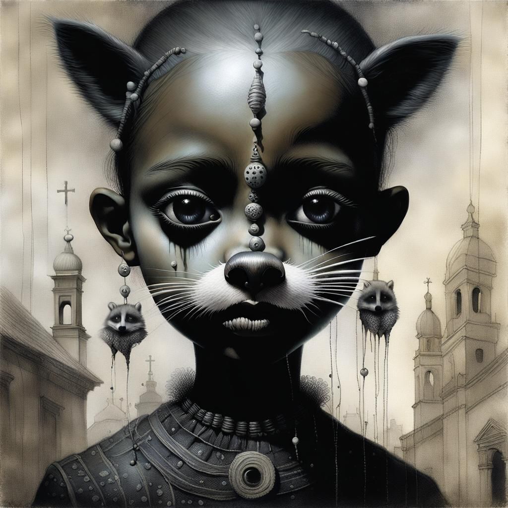 Surreal Gothic Portrait: Girl with Raccoons