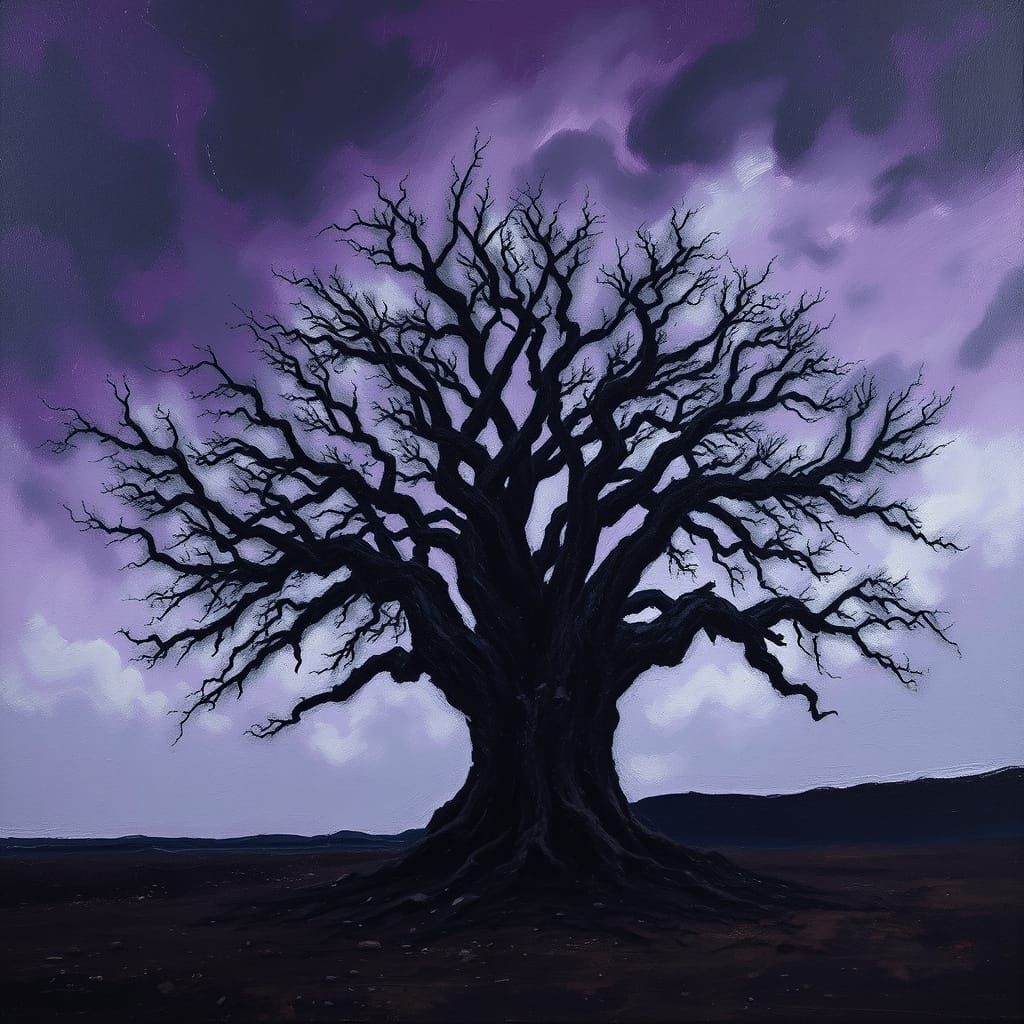 Ancient Oak Against Stormy Sky - Expressionist Oil Painting