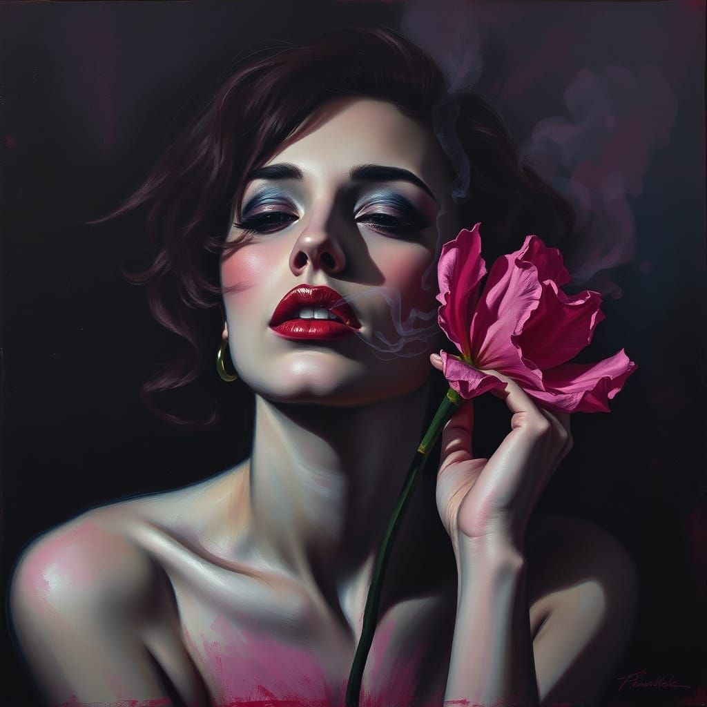 Evocative Oil Painting of a Floral Vampire in Smoke