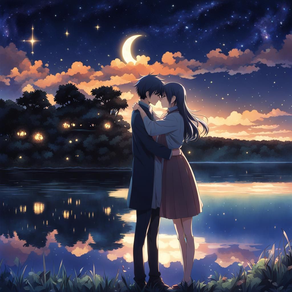 Anime Couple Embrace Under Starry Sky