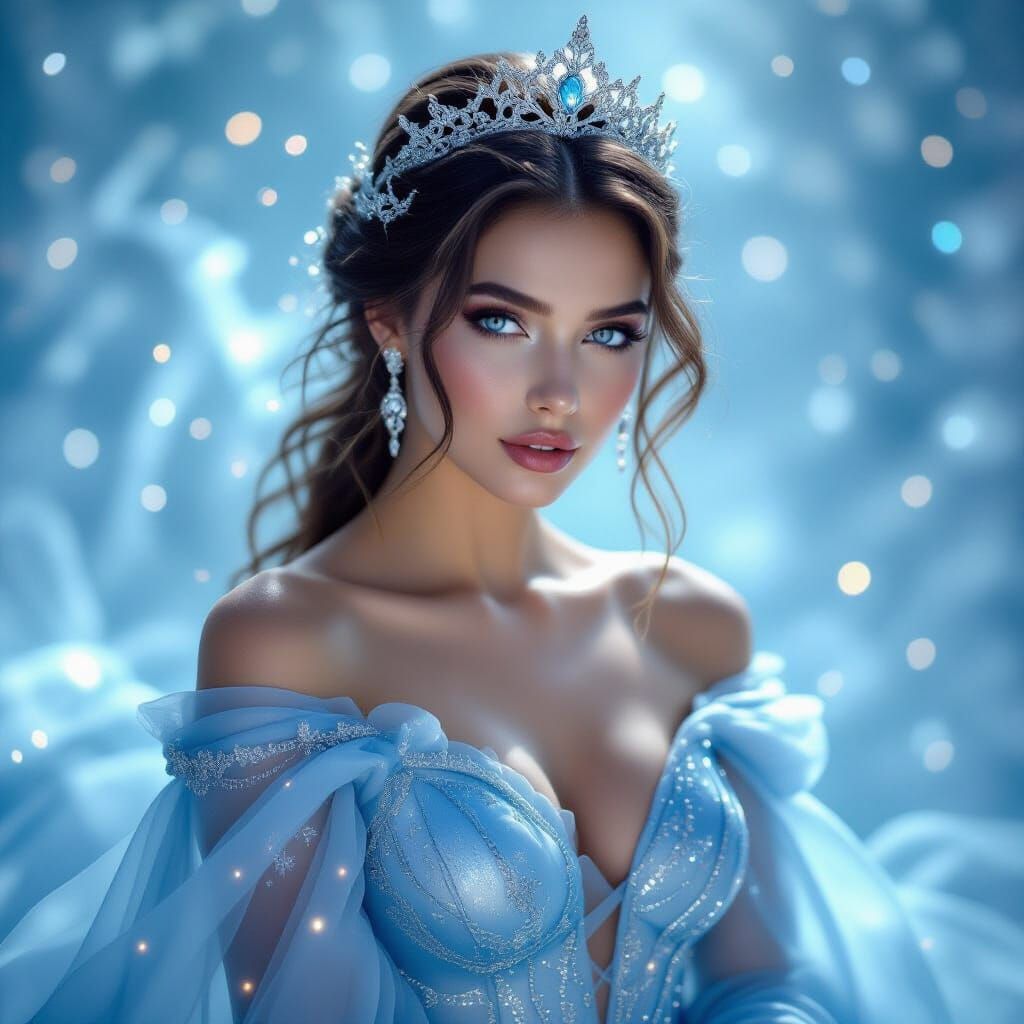 Ethereal Queen in Silver-Blue Gown with Starry Eyes