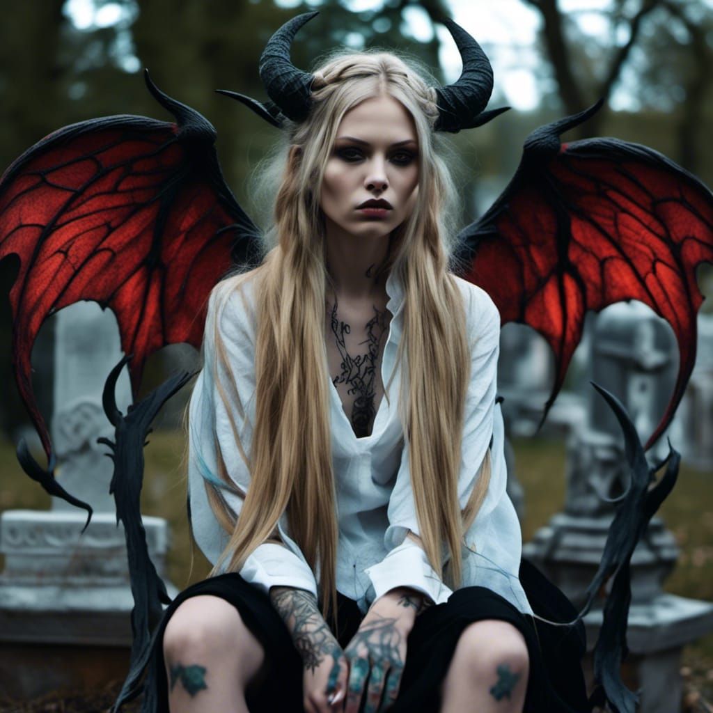 Demon with Braids and Tattoos in Cemetery