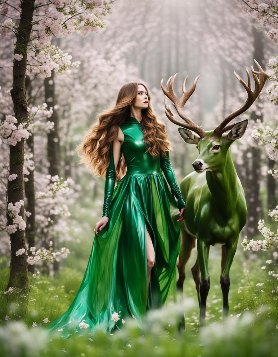 Surreal Deer-Human Couple in Blossom Forest