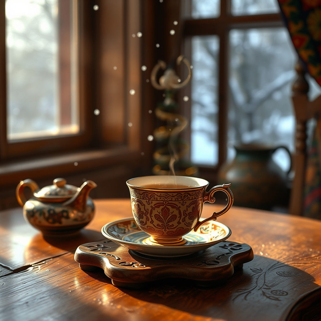 Ornate Afghan Tea Cup in Winter Wonderland