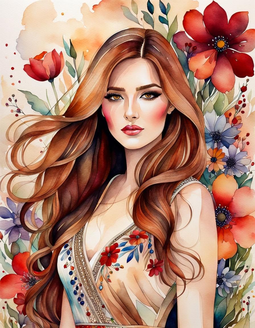 Watercolor Portrait of Woman in Garden Setting