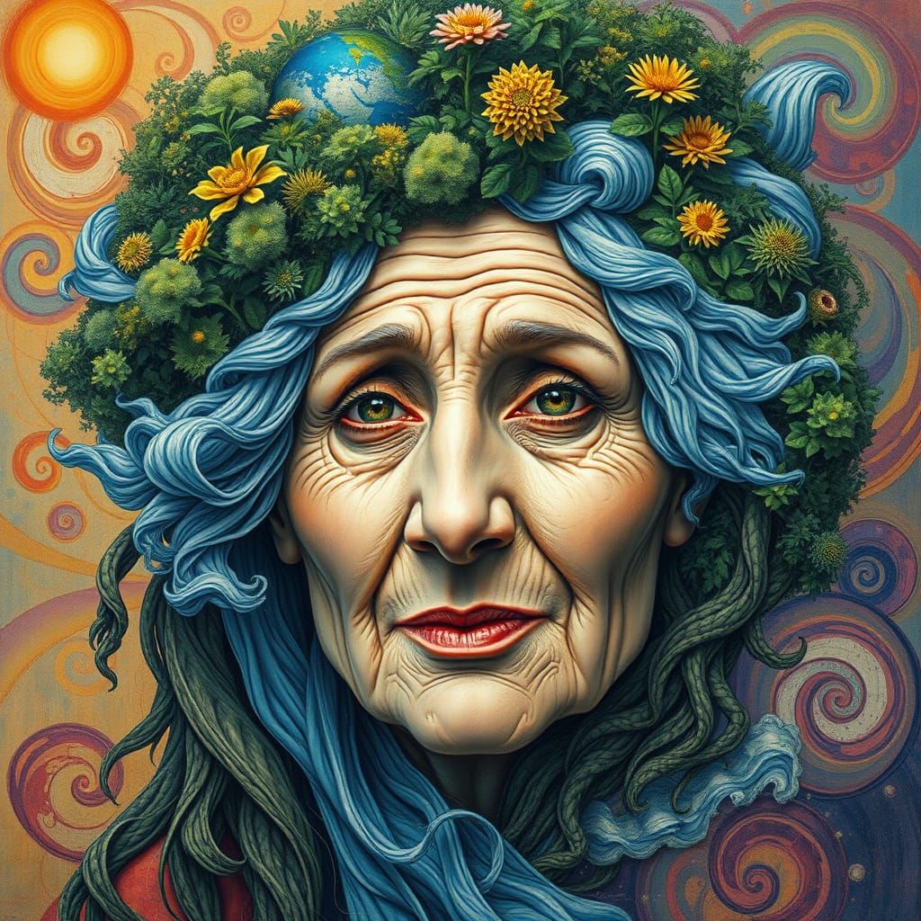 Earth as Wise Woman Portrait in Mucha Style