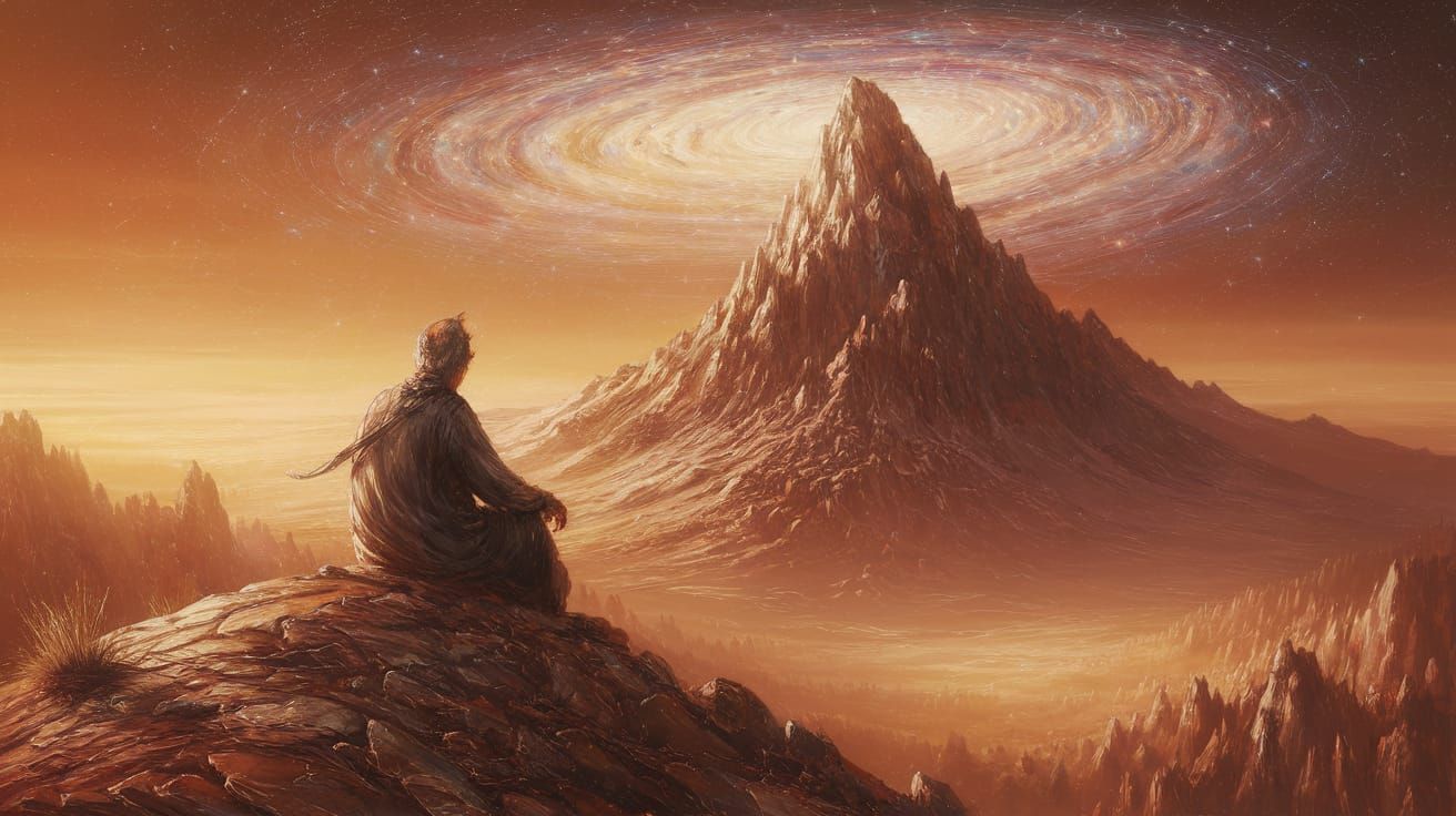 Wise Figure Contemplates Nebula Atop Ancient Mountain