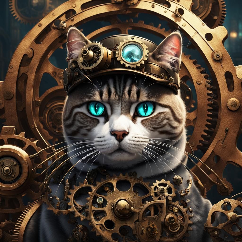 Ethereal Steampunk Feline Amidst Whirring Gears