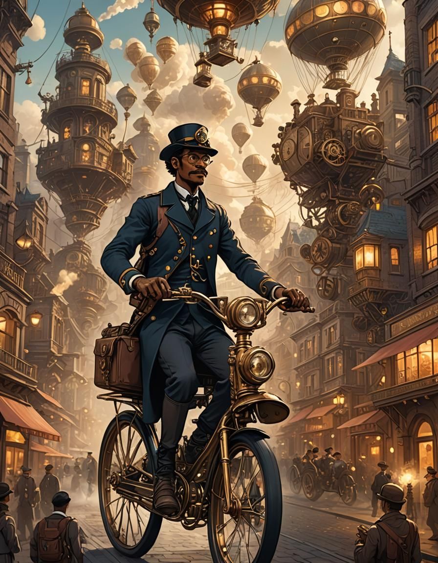 Steampunk Postman in Clockwork City, Detailed Art