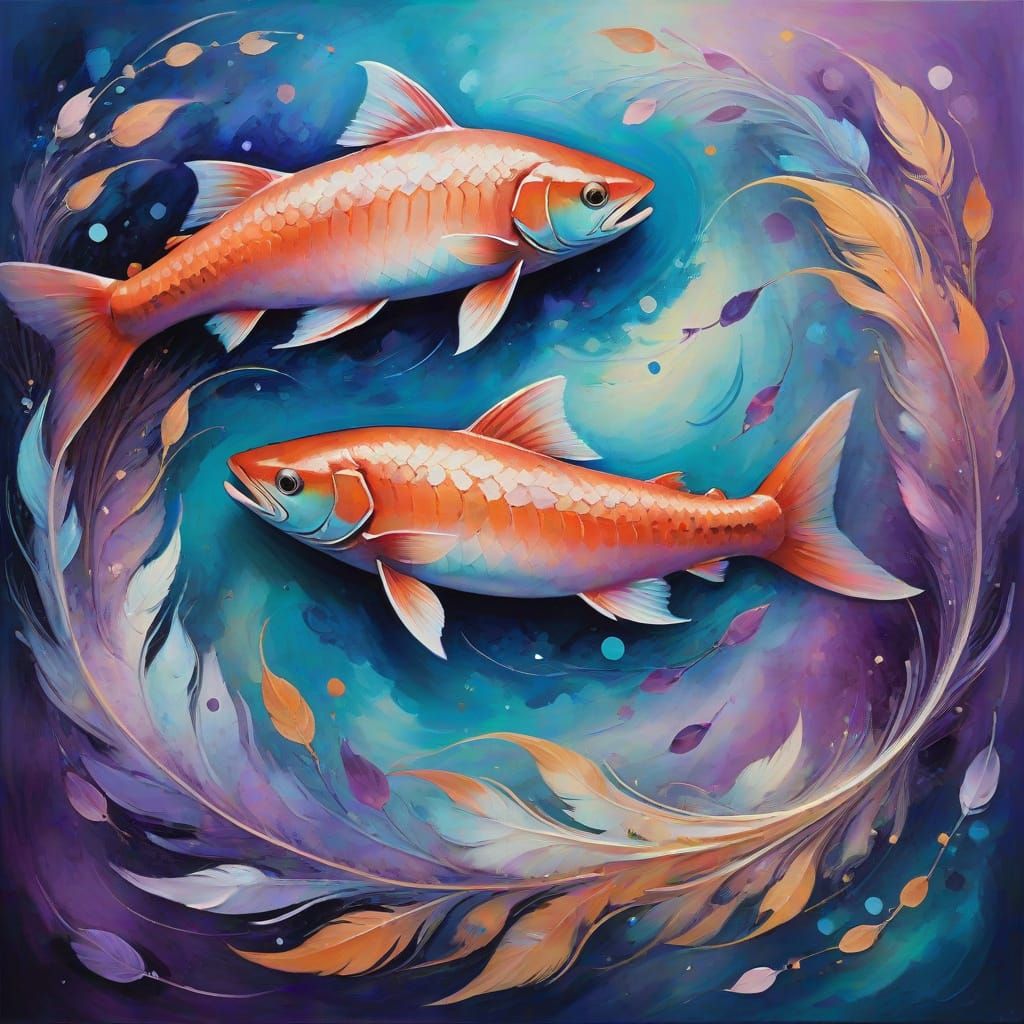 Celestial Pisces Symbol Formed by Swimming Salmons in a Vibr...