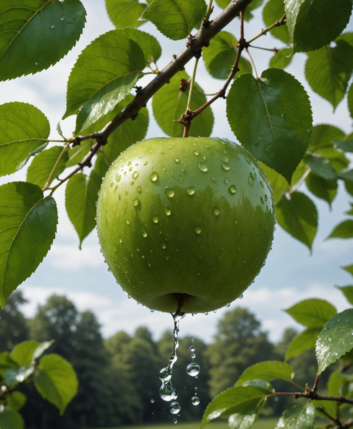 Juicy Apple Hanging on Branch, Hyper-Realistic Photograph
