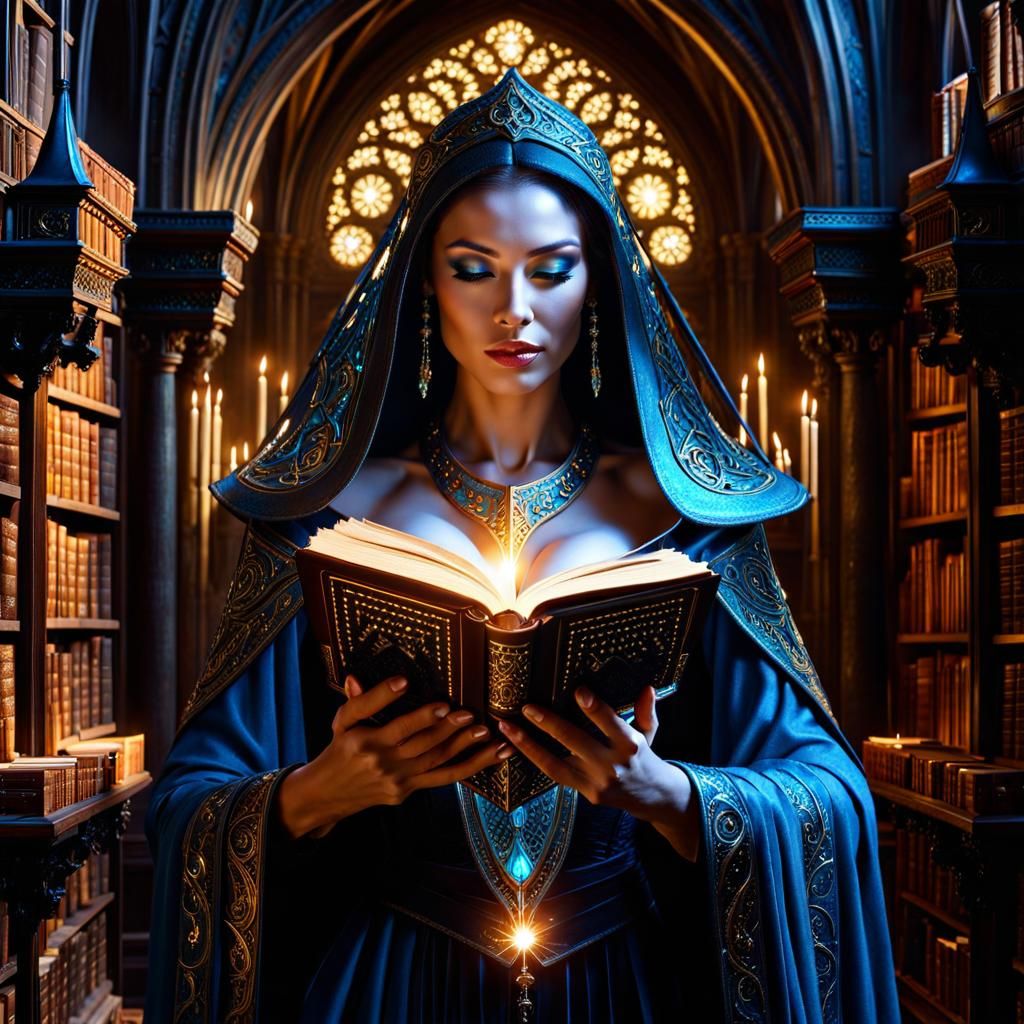 Fantasy Sorceress Evokes Magic from Ancient Book