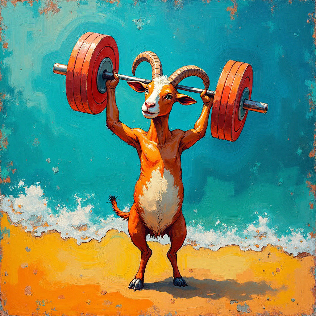 Abstract Goat Bodybuilding on Beach in Vibrant Style