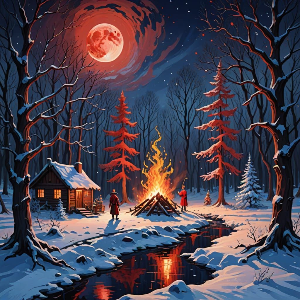 Wizards Dancing in Impressionist Snowy Forest at Red Full Mo...