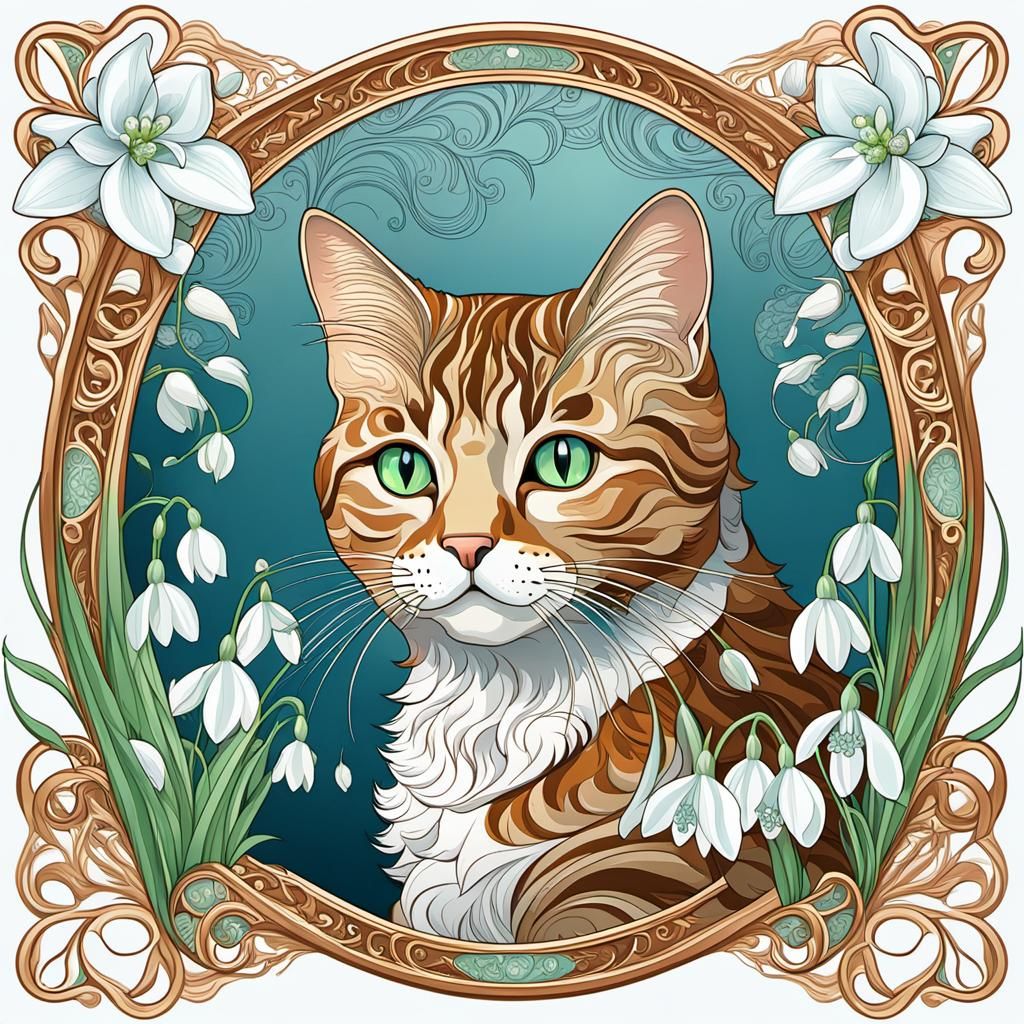 Spring Tabby Cat in Mucha Frame with Snowdrops