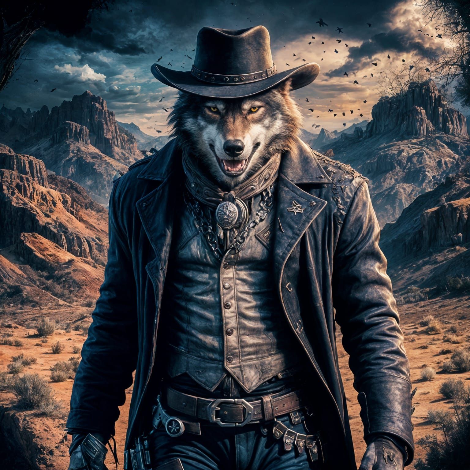 Sinister Wolf Cowboy Concept Art in Wild West Scene