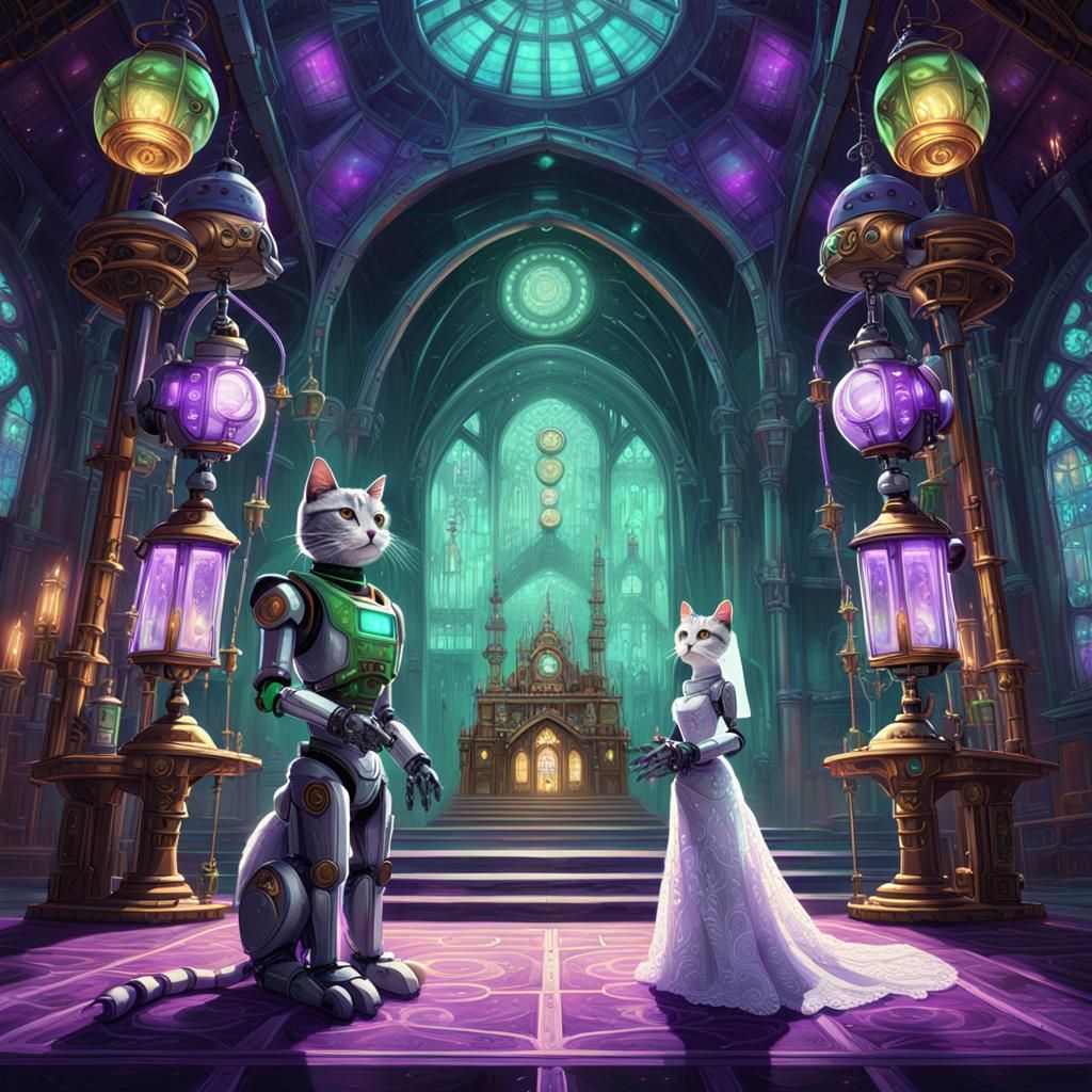 Futuristic Robot Cat Wedding in Steam-Punk Chapel