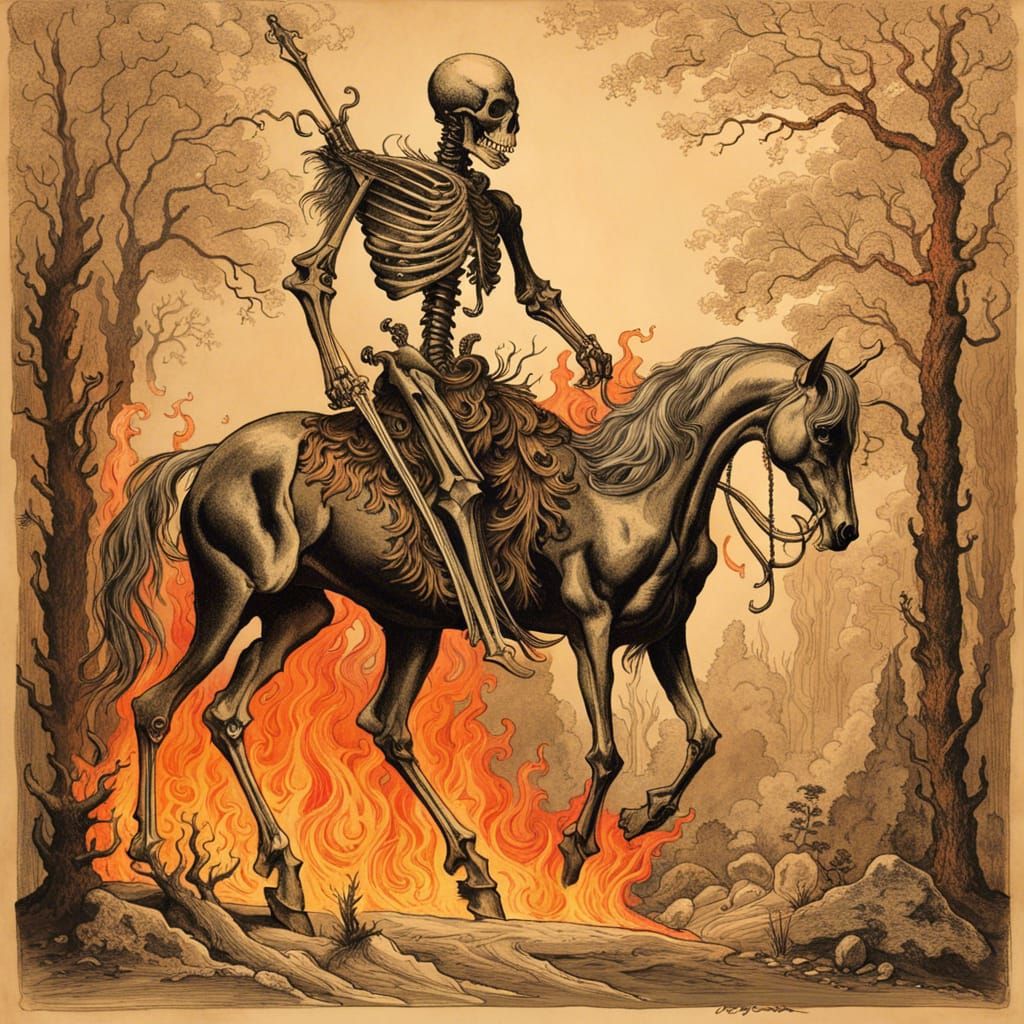 Fiery Centaur Skeleton Sketch in Sepia Ink