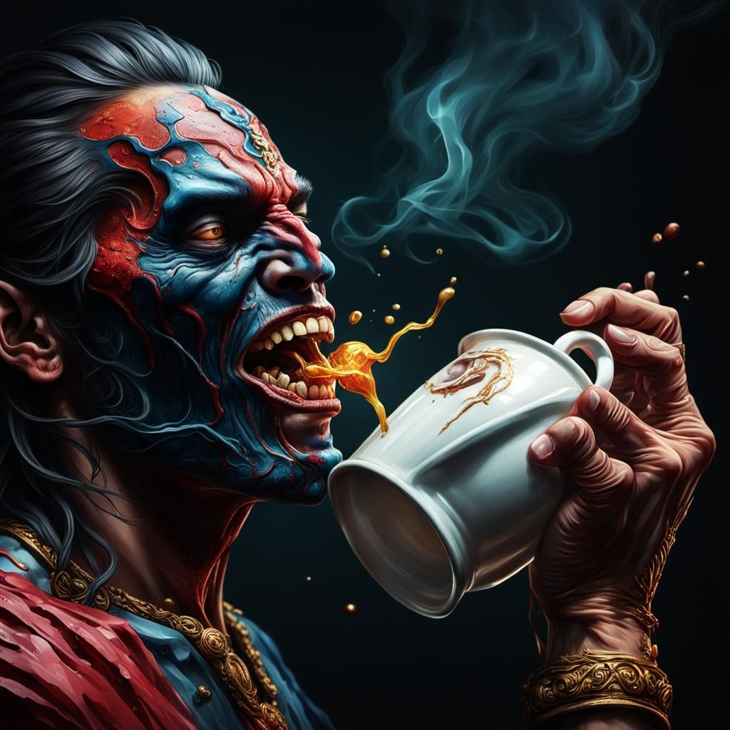Agonized Man Holding Poisonous Cup in Dark, Vibrant Artwork