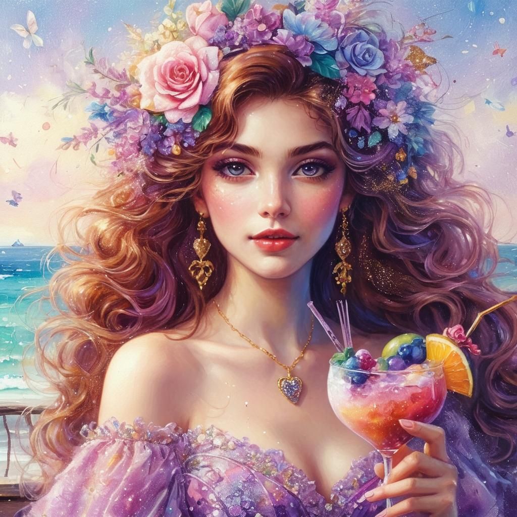 Beautiful Woman with Cocktail: Whimsical Painterly Fantasy