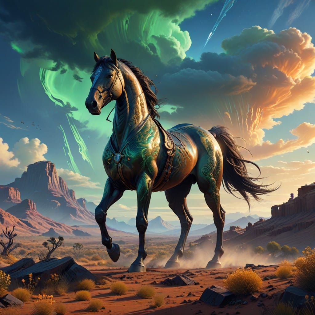 Majestic Arabian Horse in Mystical Desert Landscape