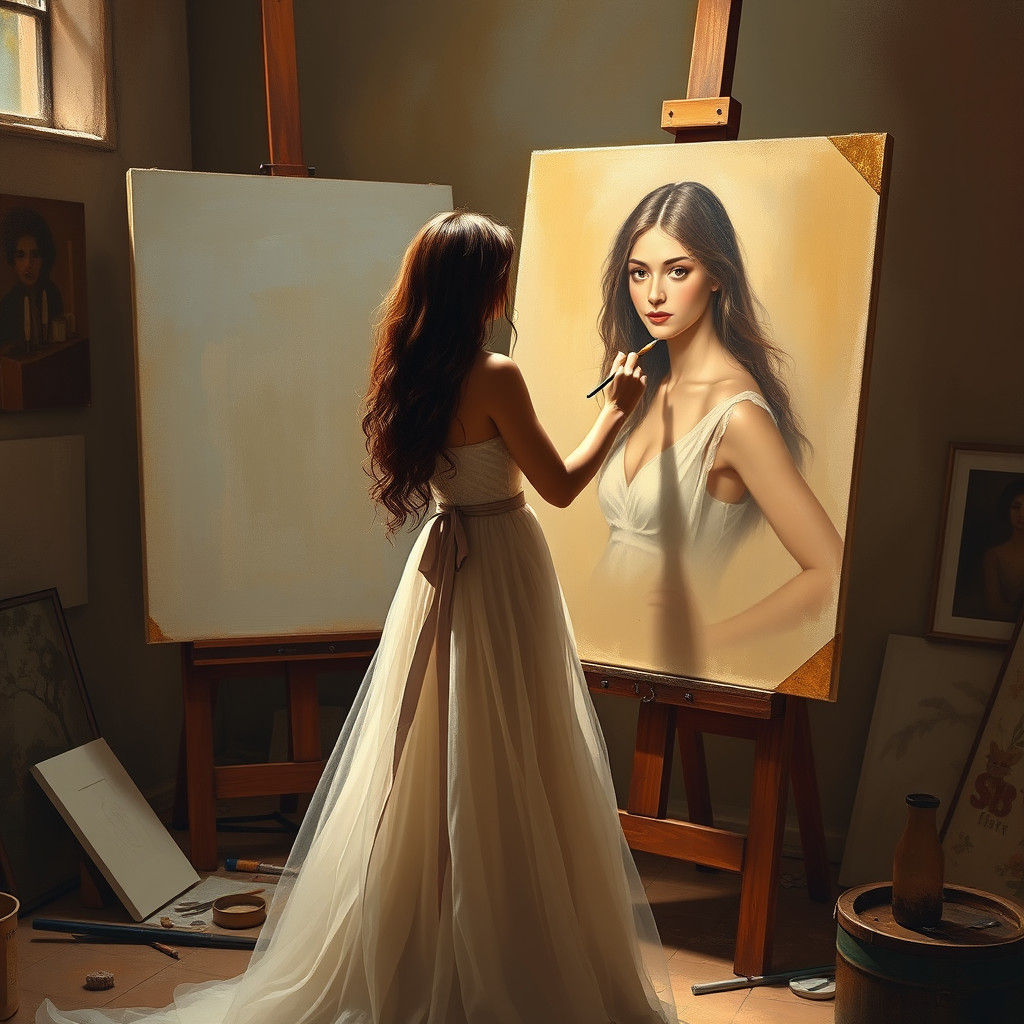 Woman Painting Herself in Surrealist Art Studio