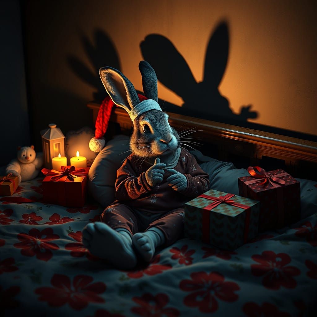 Whimsical Christmas Rabbit Plays Shadow Puppets in Cozy Nigh...