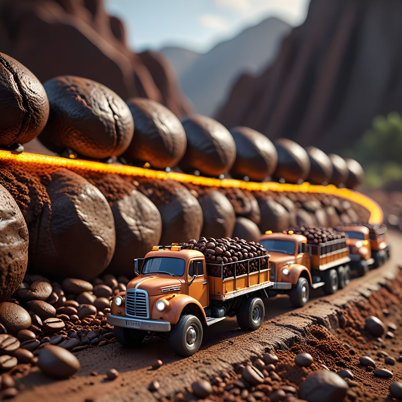 Miniature Trucks Deliver Coffee Across Coffee Grounds Landsc...