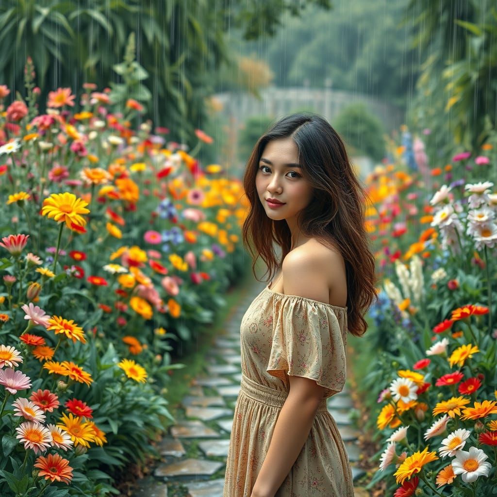 Rainy Summer Garden in Impressionistic Style