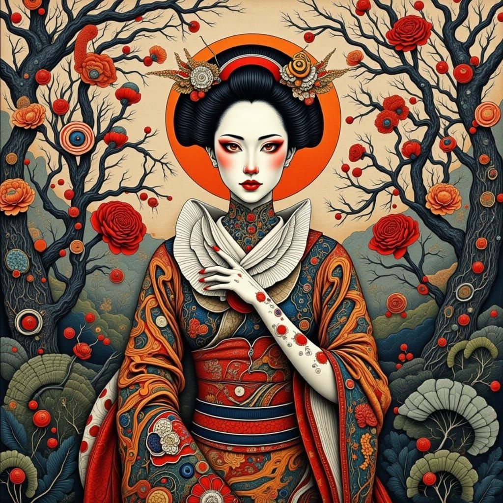 Vibrant Gouache Clown Geisha in Japanese Garden